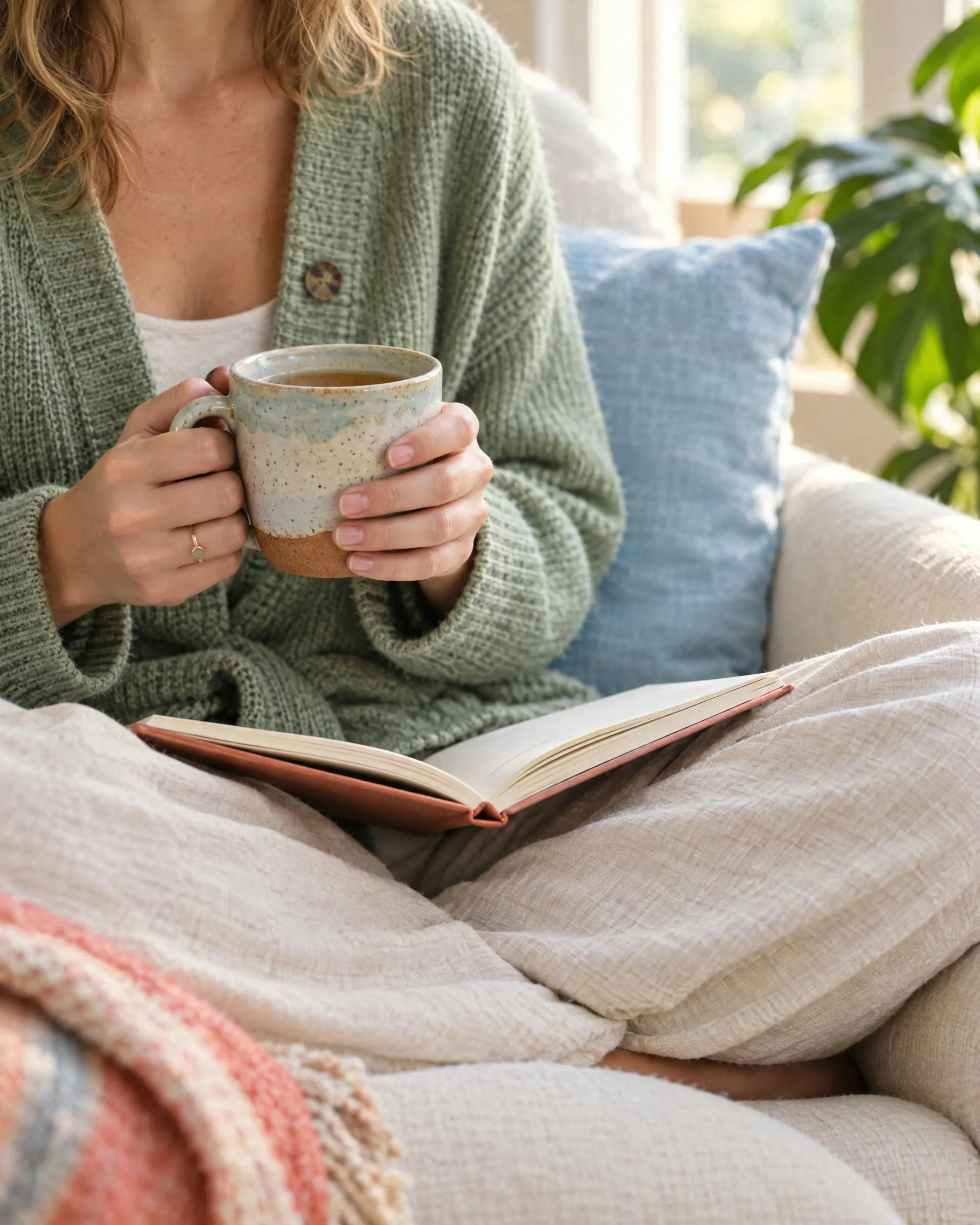 Une femme en gilet vert tient une tasse de thé, un livre ouvert sur les genoux, dans un fauteuil baigné de lumière.